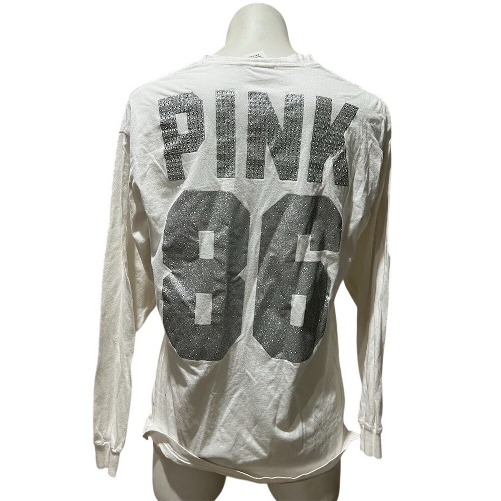 Victoria's Secret PINK Tee Womens M White Long Sleeve Bling Graphic Logo